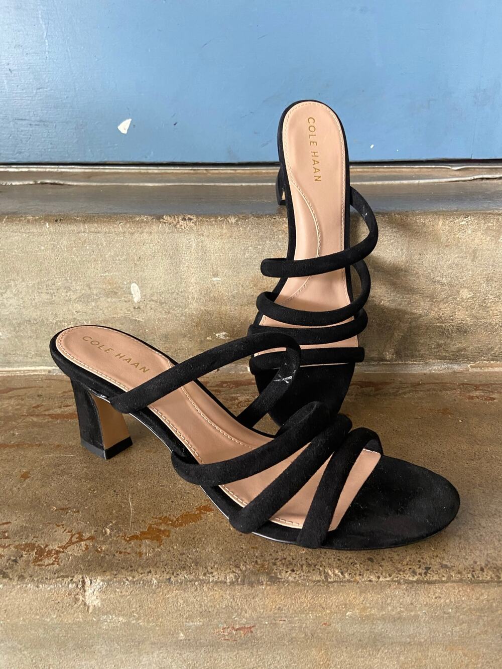 Cole Haan black suede strappy heeled slip on sandals